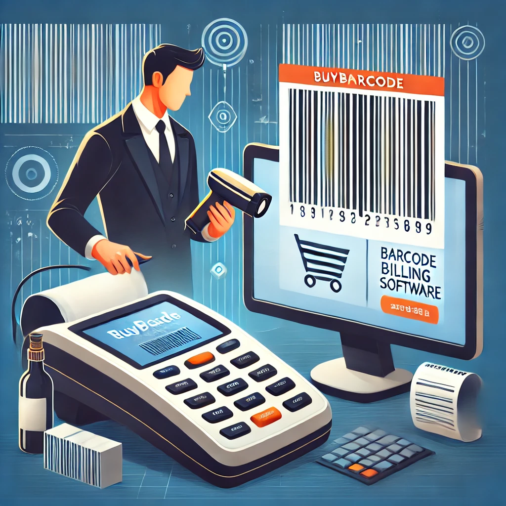 Cashier scanning a product barcode with a barcode scanner in a modern retail environment, with a computer displaying BuyBarcode's Barcode Billing Software on the screen.